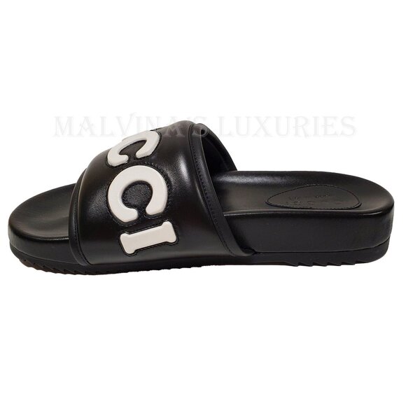 GUCCI SHOES MENS BLACK LEATHER JUMBO LOGO SLIDES FLATS SANDAL sz 8 / 8.5 US - Picture 8 of 15